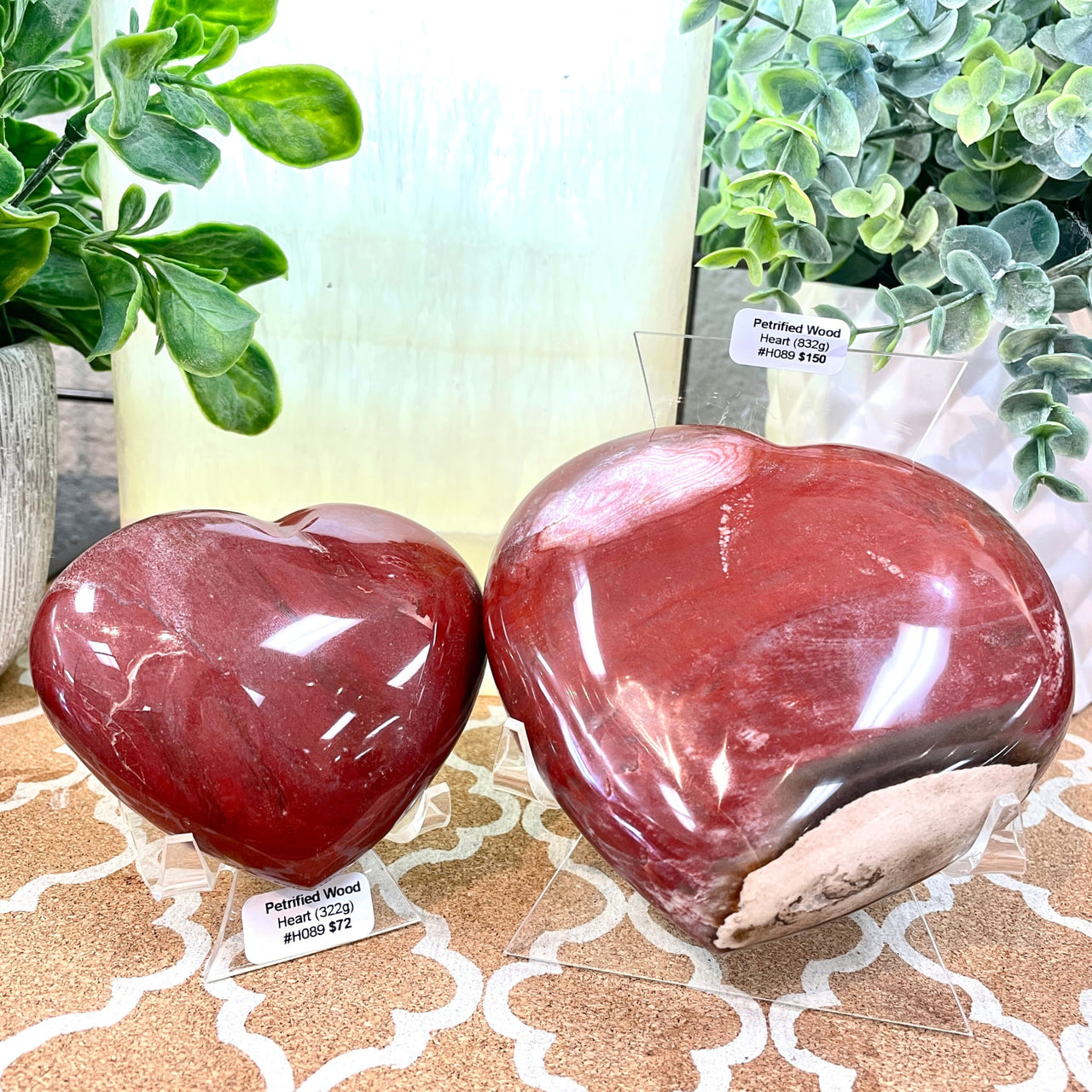 Two red heart-shaped petrified wood rocks on table, Petrified Wood Heart #H089