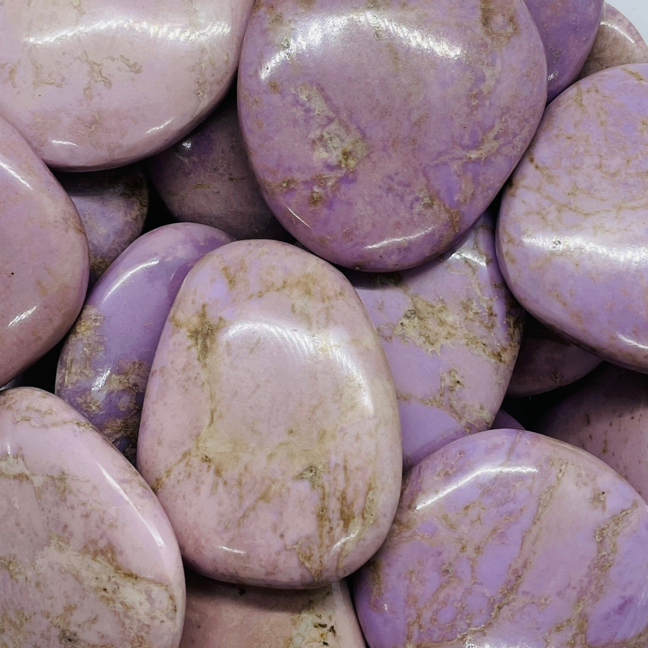 Smooth polished purple Kunzite stones with golden streaks, Phosphosiderite Palm Stone P159