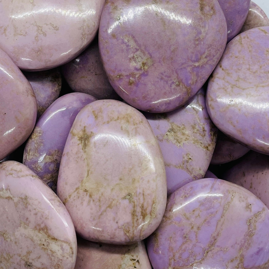 Smooth polished purple Kunzite stones with golden streaks, Phosphosiderite Palm Stone P159
