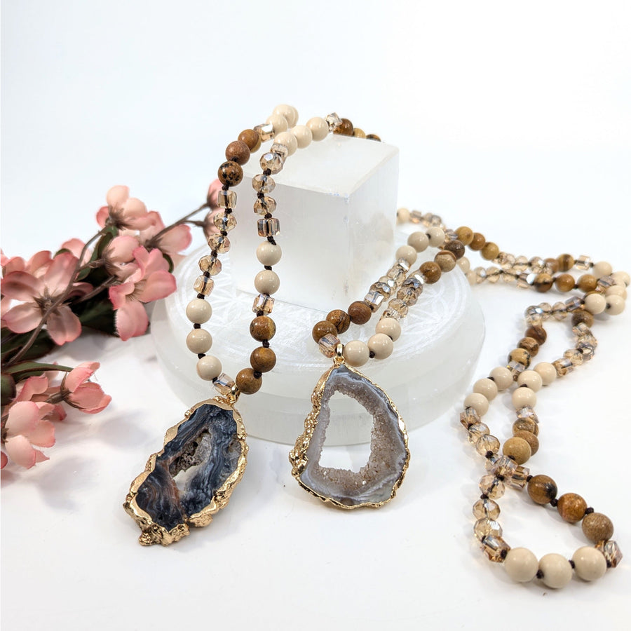 Beaded Necklace with Geode Pendants and Picture Jasper Beads by LV8147