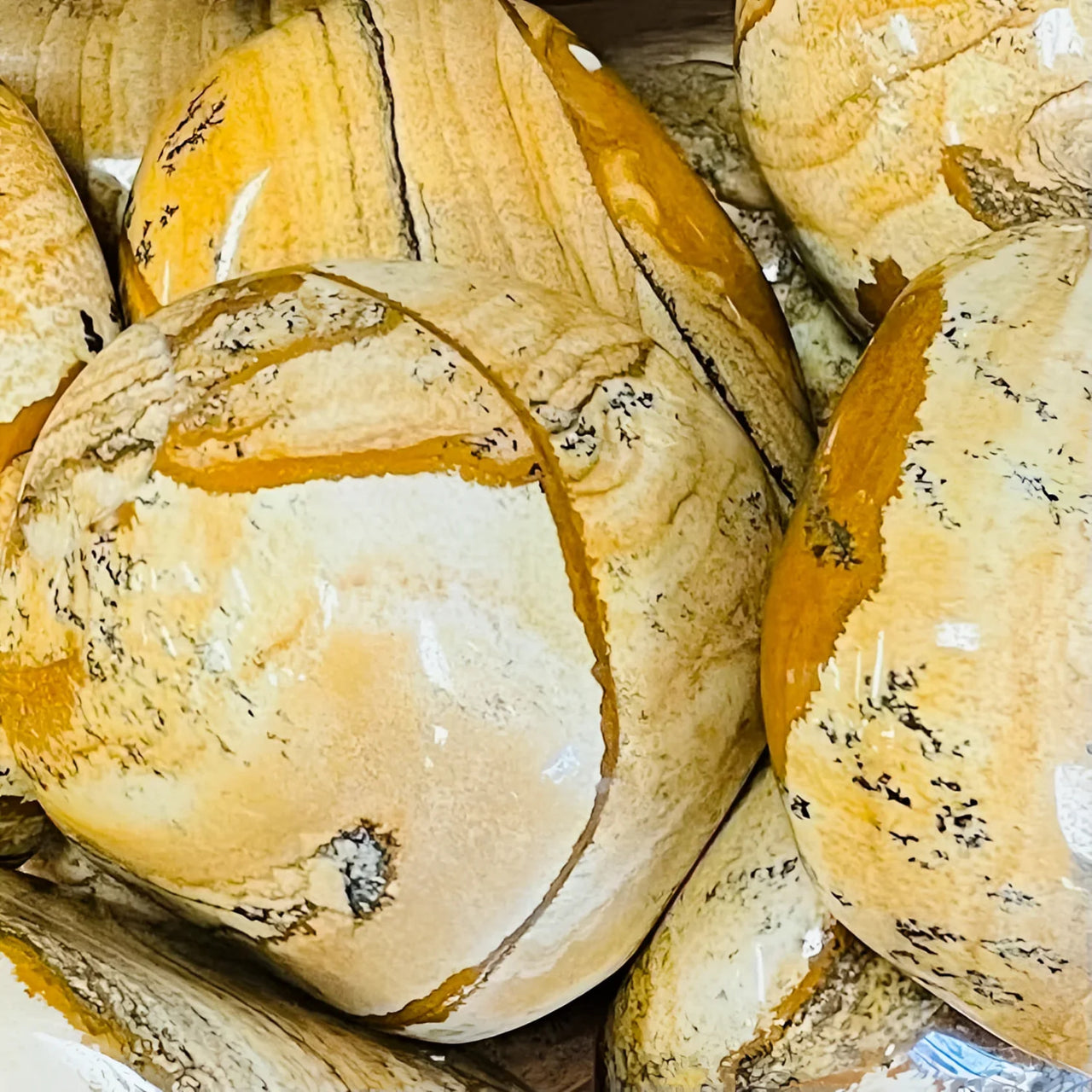 Polished Picture Jasper stones in a 3-inch Pebble N056 for natural earthy decor