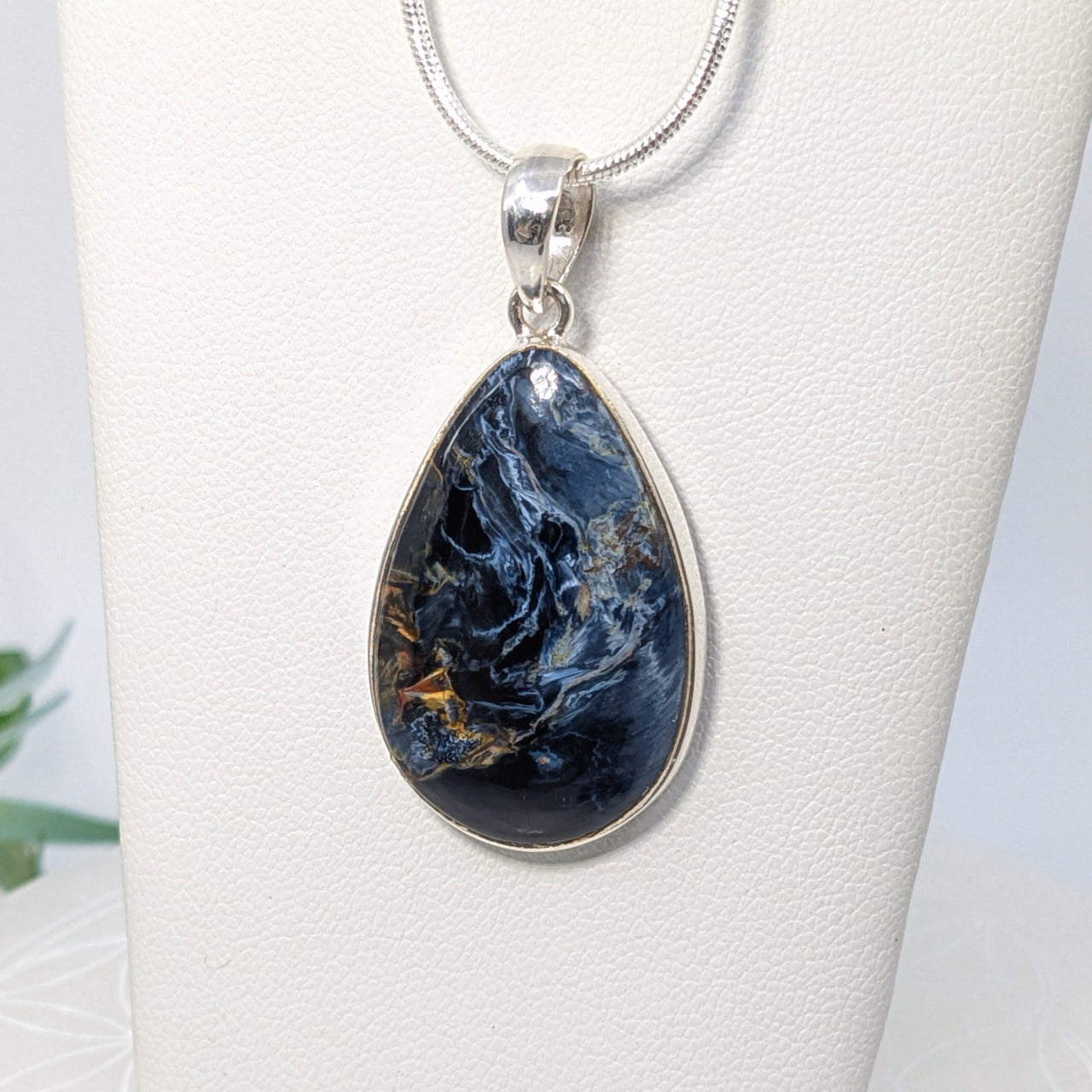 Teardrop pendant in sterling silver featuring dark blue Pietersite stone #LV7066