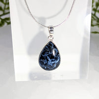 Pietersite 1.25-inch teardrop pendant #BC1091 in blue white marble silver