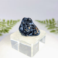 Pietersite 1.25 inch tumbled stone with dark blue black swirling white patterns and golden flecks for jewelry crystals
