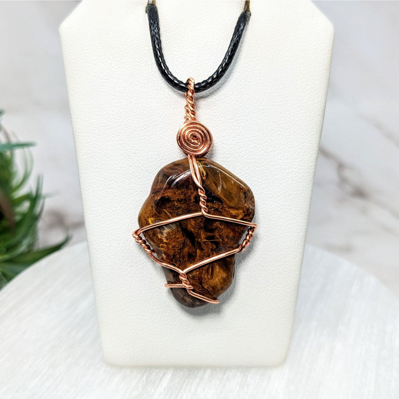 Pietersite 1.3’ Wire Wrapped Pendant #JC02 with copper wire around a brown stone