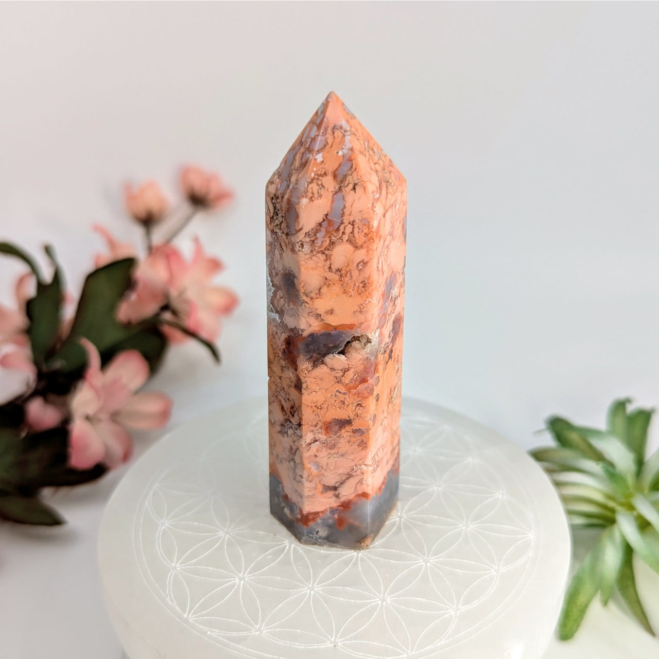 Polished orange and gray crystal point from Pink Agate Tower 3.5 inches with Chalcedony and Druzy