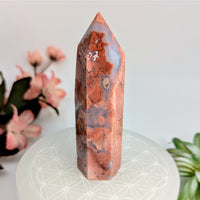 Thumbnail for Polished red and gray stone obelisk from Pink Agate Tower with Chalcedony and Druzy accents