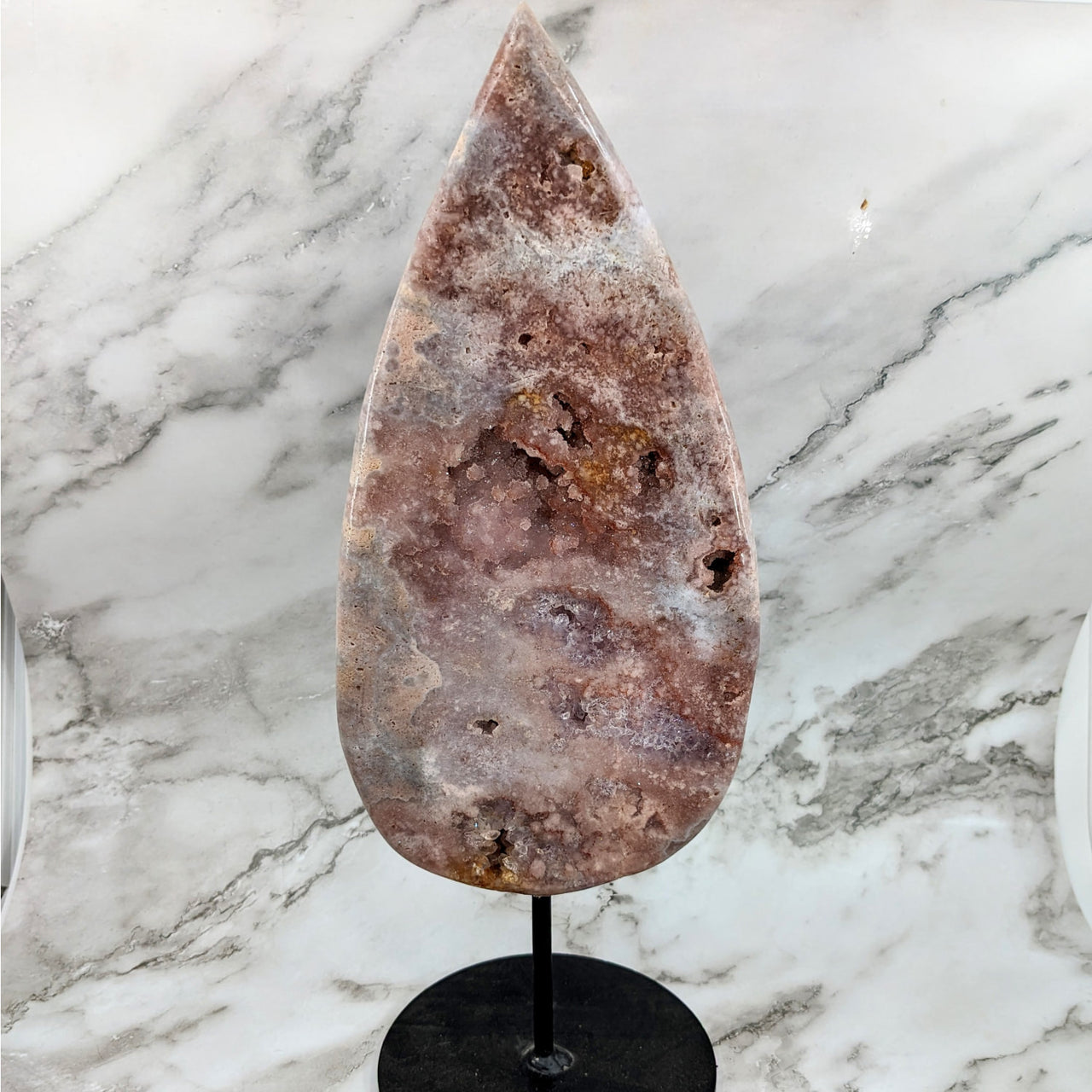 Pink Amethyst 17’ Teardrop on Stand #LV4144: Large pink quartz stone on black stand