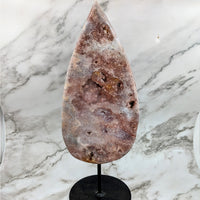 Thumbnail for Pink Amethyst 17’ Teardrop on Stand #LV4144: Large pink quartz stone on black stand