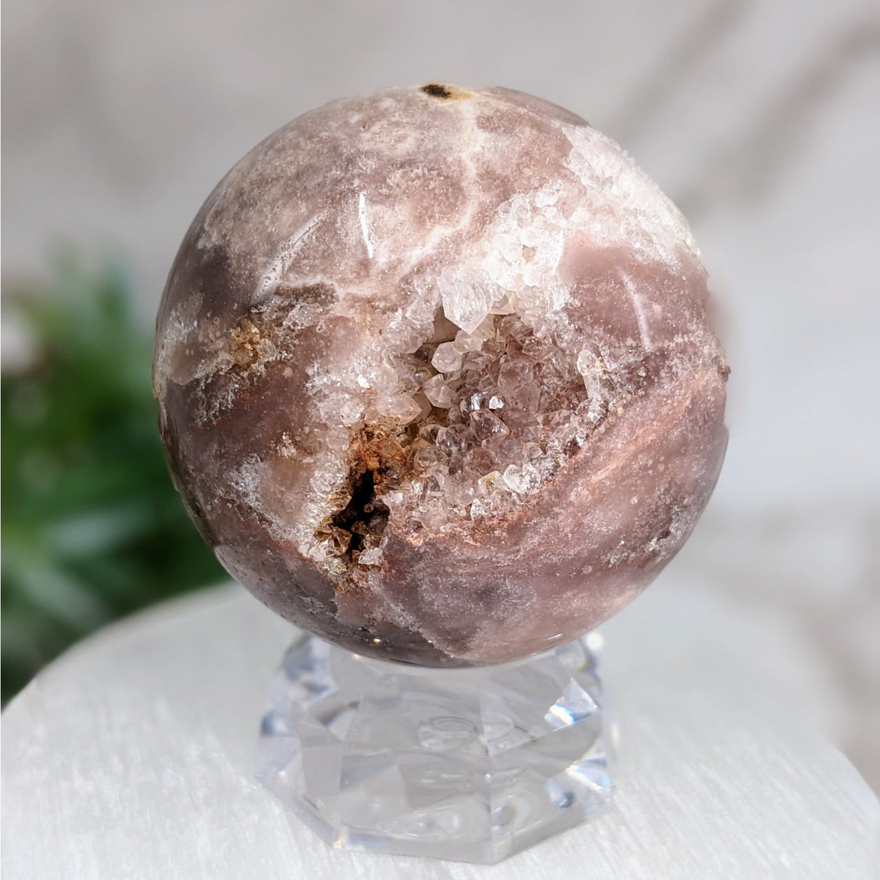 Pink Amethyst 2.5’ Sphere #LV4024: Pink and white marble sphere with gold foil on top