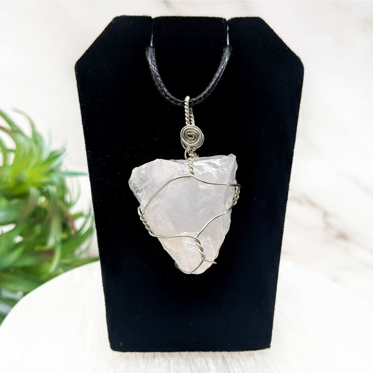 White quartz stone pendant on black velvet necklace - Pink Calcite Wire Wrapped Pendant #JC01