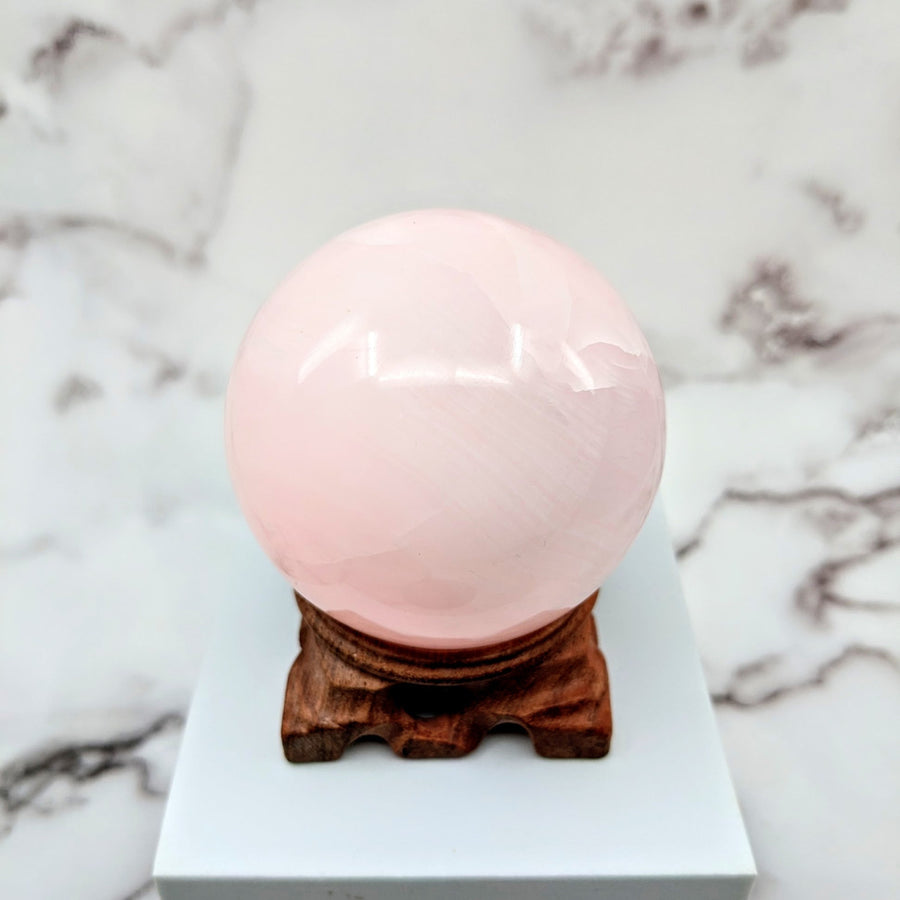 Pink Calcite 2.9’ Sphere with White Marble Stand #LV1800 - Elegant Gemstone Decor