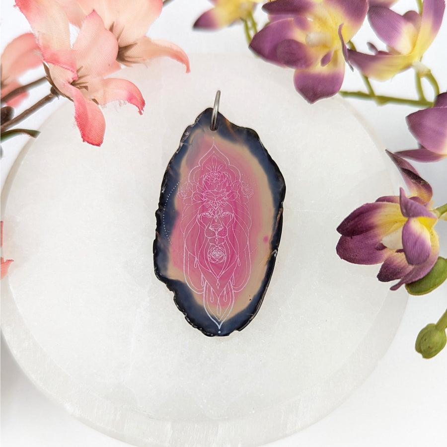 Pink Dyed Agate 2.3’’ Leo Etched Pendant #LV9327 - $28