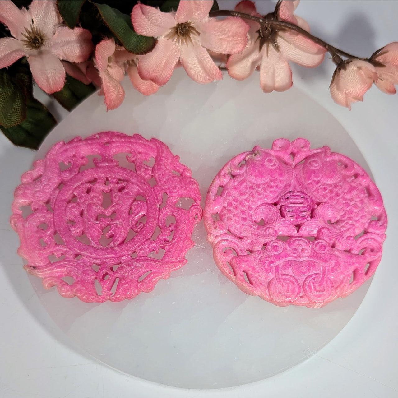 Pink Dyed Jadeite 2.7’’ Carved Chinese Medallion Pendant