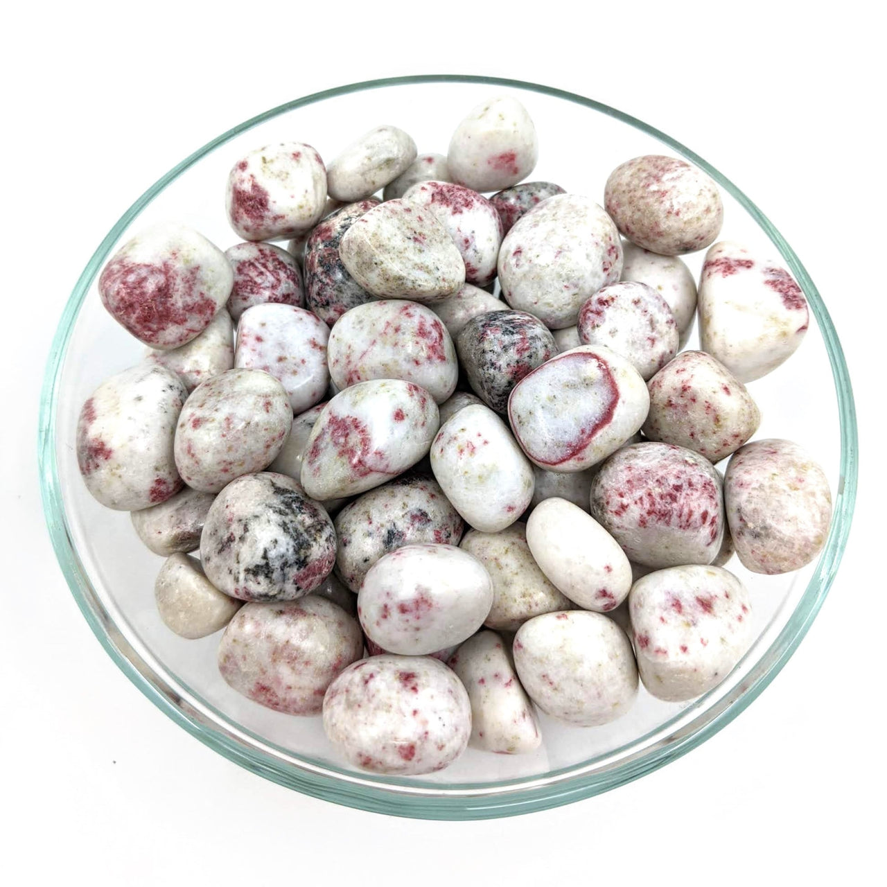 A bowl full of qut eggs with Pink Epidote in White Scapolite tumbled stones #SK7425