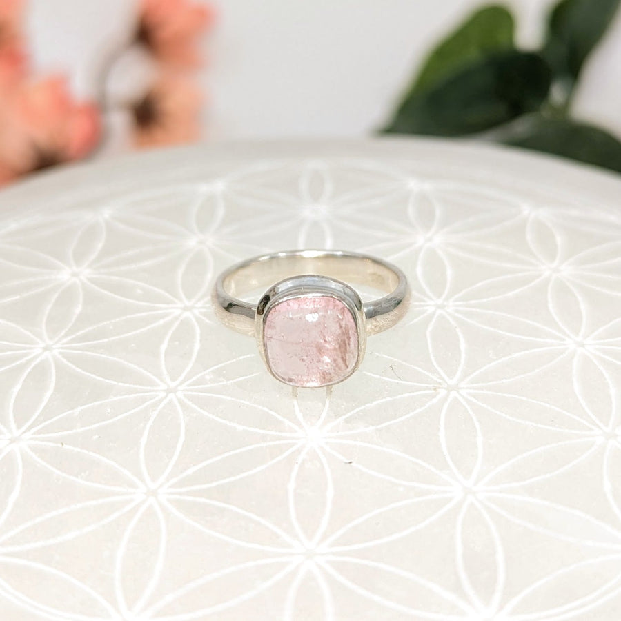 Silver ring with pink Morganite gemstone, size 6, rounded square design