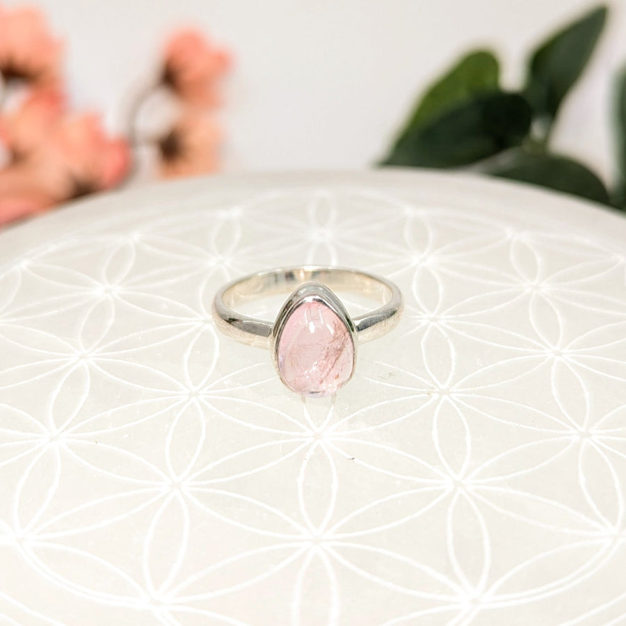 Silver ring with pink Morganite gemstone in teardrop shape size 7.75
