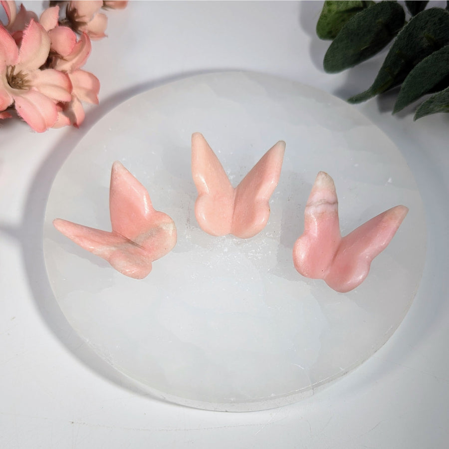 Three delicate pink opal 1.1-inch 3D butterfly stone carvings, #BC0334