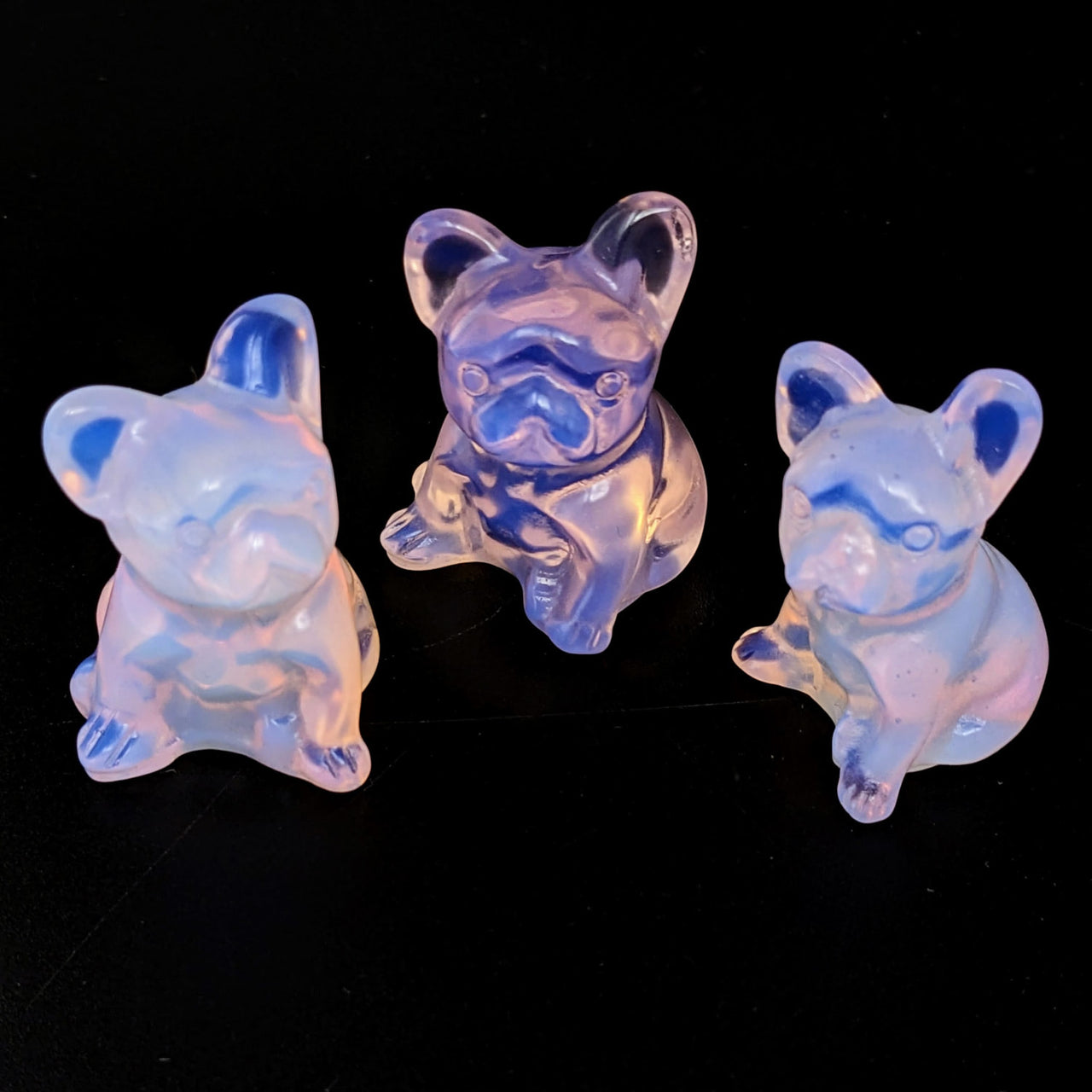 Pink Opalite French Bulldog Carving with Three Glass Pig Figurines, Product #LV2312