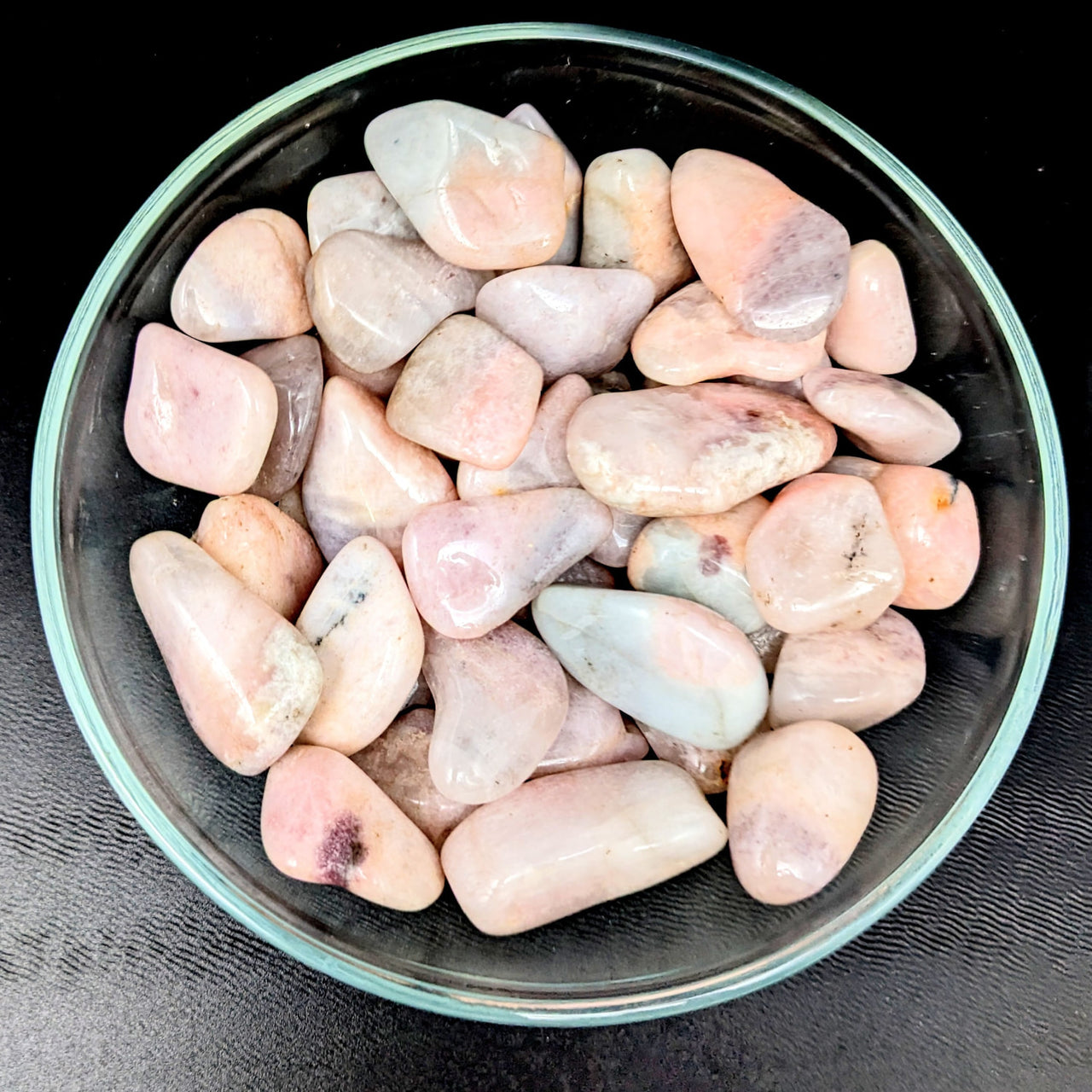 Pink Petalite and Cleavelandite tumbled stones in a bowl - Healing Crystals #LV1574