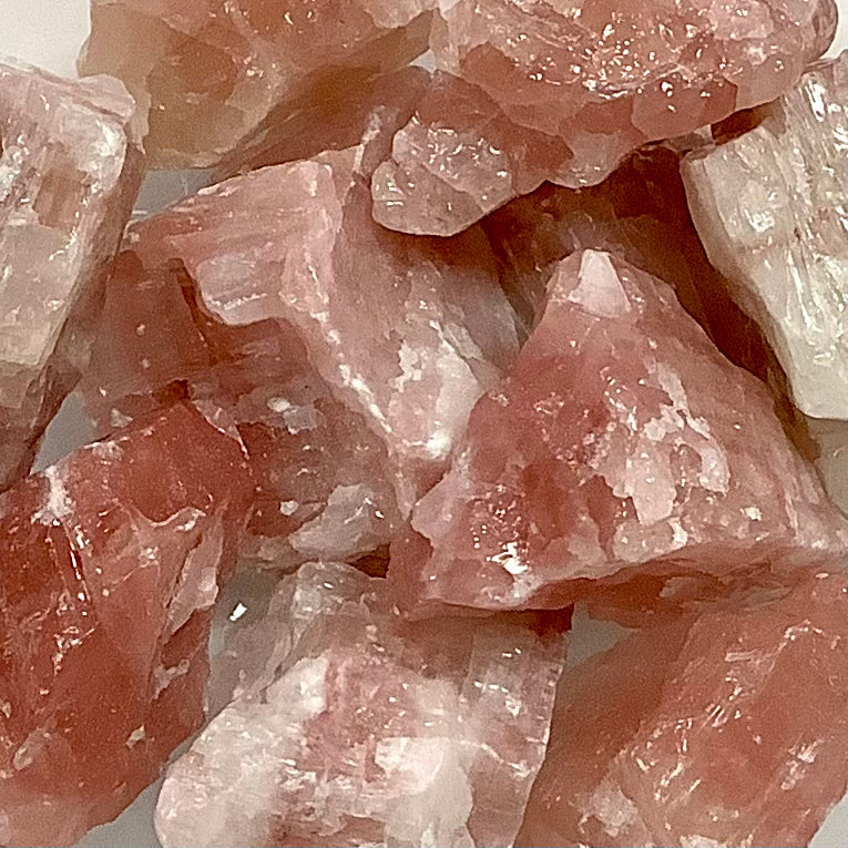 Pink and white crystalline chunks of Rose Quartz in Pink Salmon Calcite Rough R173