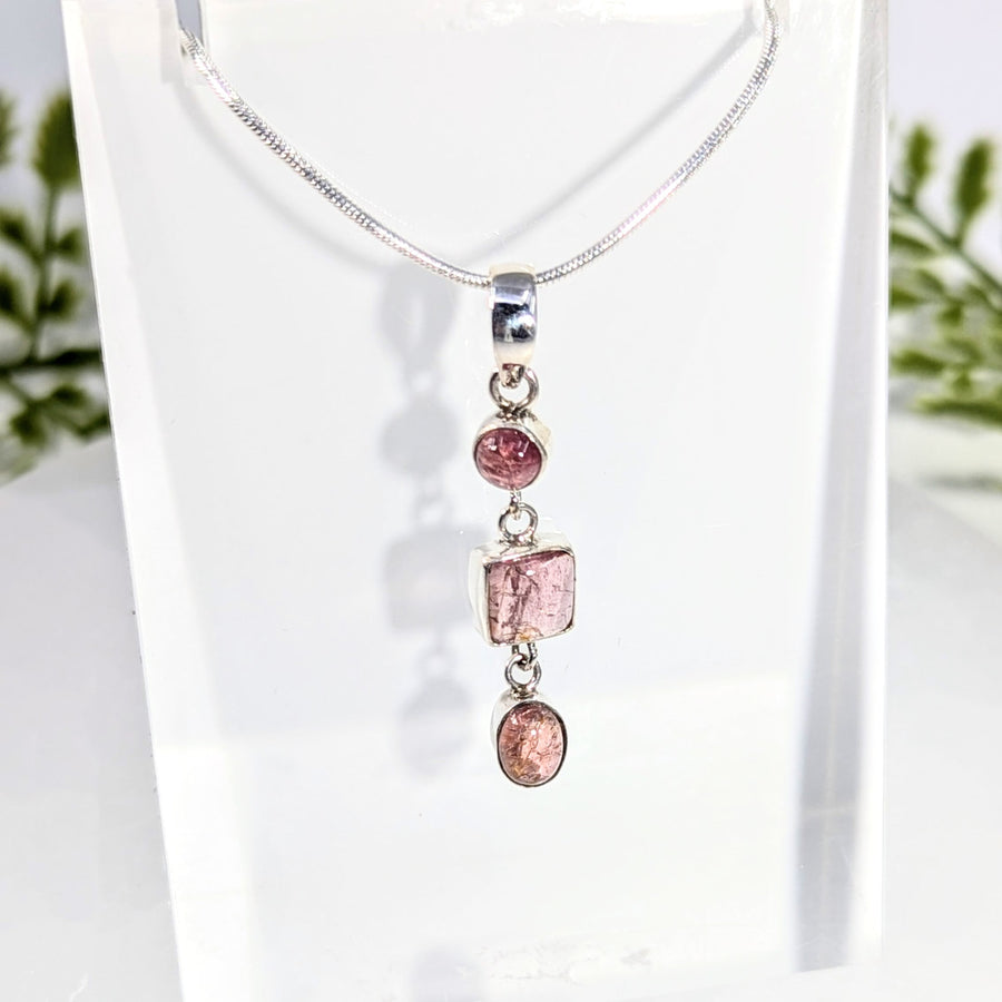 Pink tourmaline 1.5’’ triple stone pendant necklace #BC1093