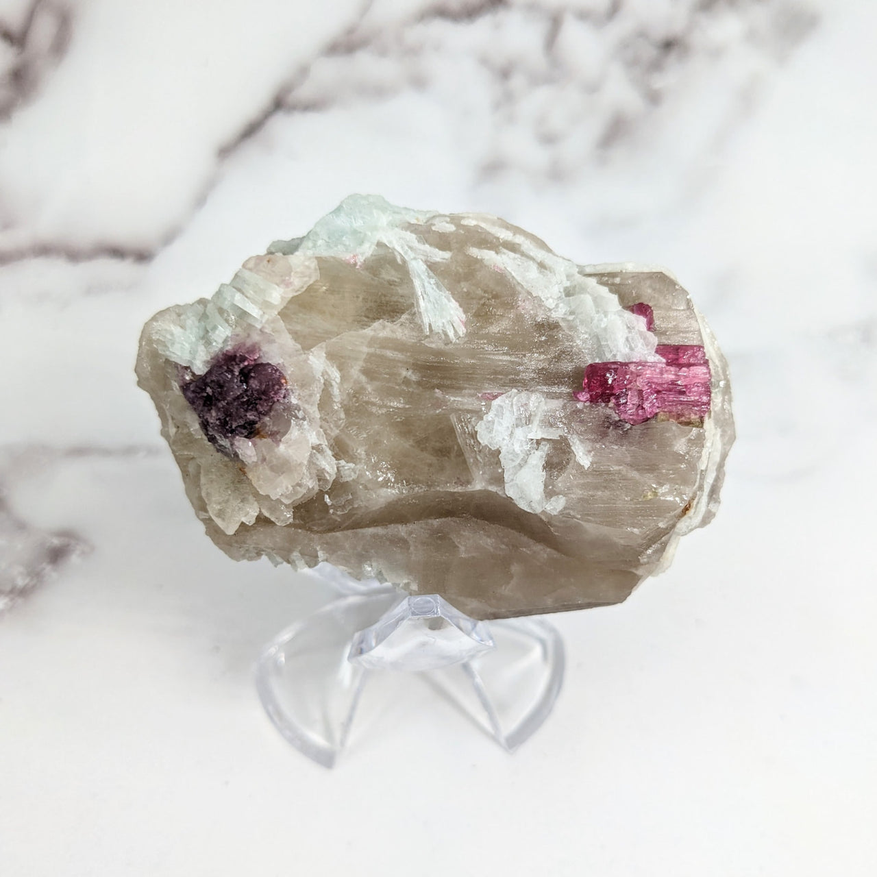 Pink Tourmaline 2.6’ & Lepidolite Cluster in Quartz #LV3132 on Clear Quartz Stand