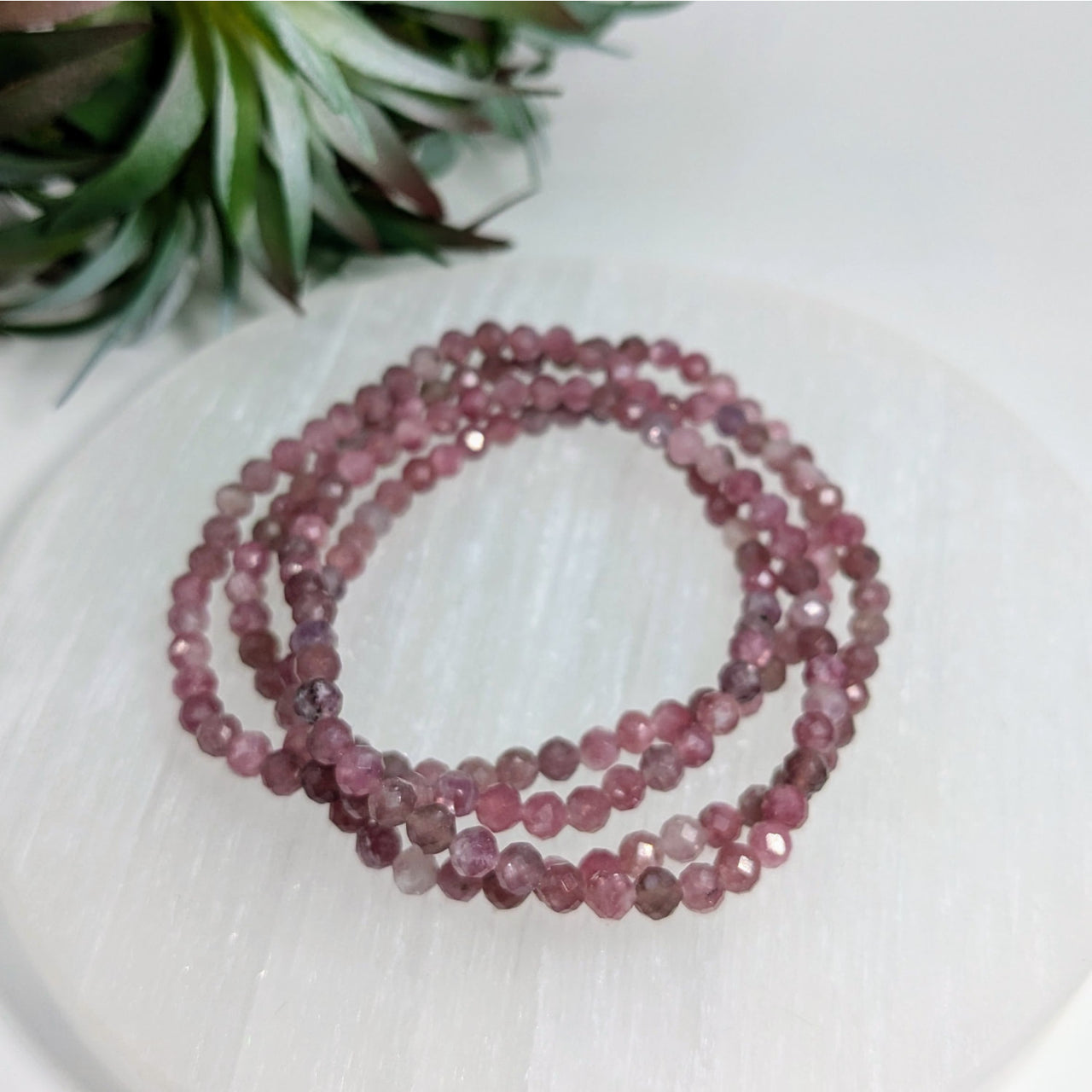 Pink Tourmaline 7’’ Faceted 4mm Bracelet with multiple strands of crystal beads