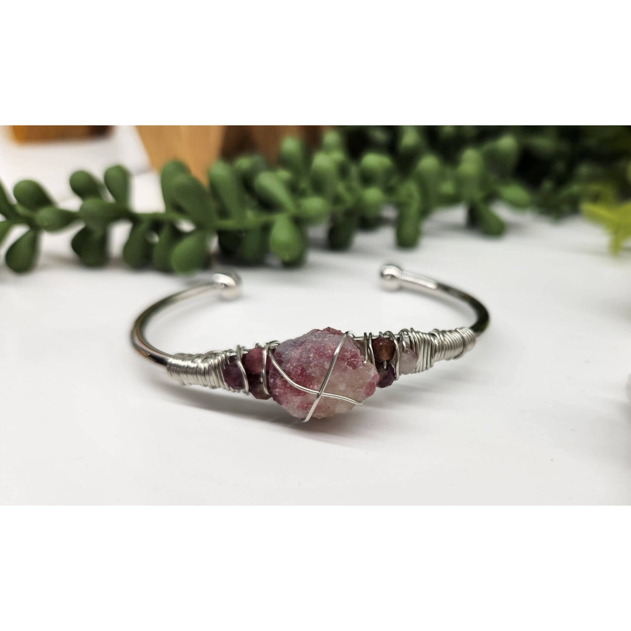 Pink Tourmaline Gemstone Wire Wrapped Bangle Cuff Bracelet