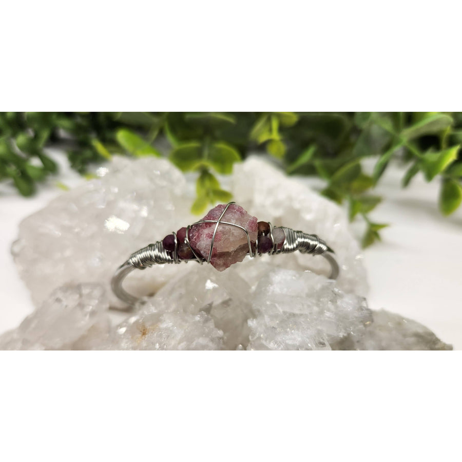 Pink Tourmaline Gemstone Wire Wrapped Bangle Cuff Bracelet