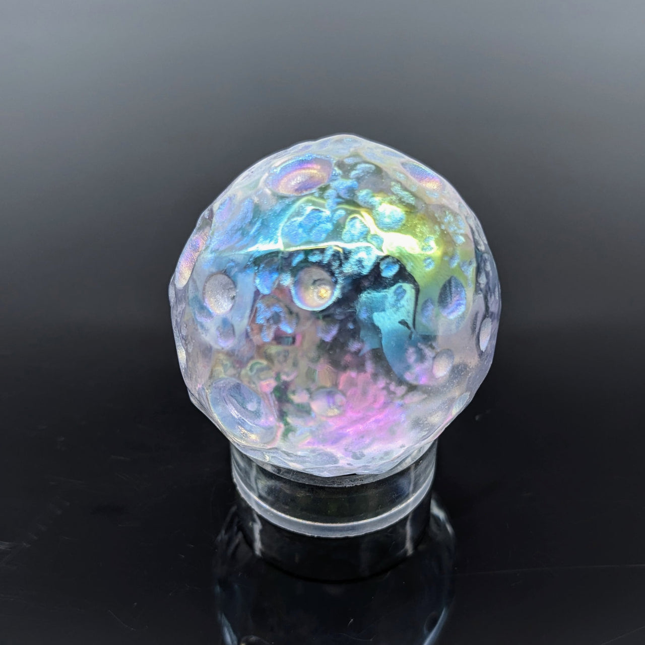 Iridescent Platinum Aura Quartz 1.7’’ Moon Carving with rainbow colors on clear stand