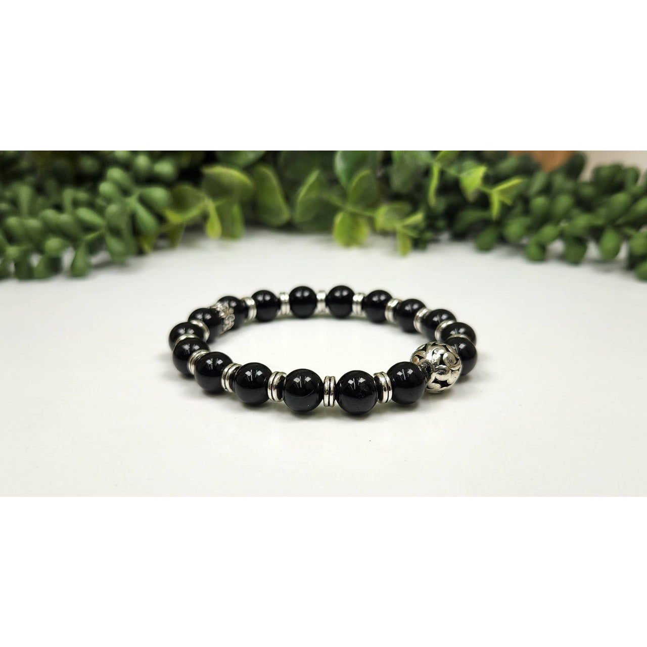 Protection Bubble 8mm Black Tourmaline Beaded Bracelet with Silver Skull Charm