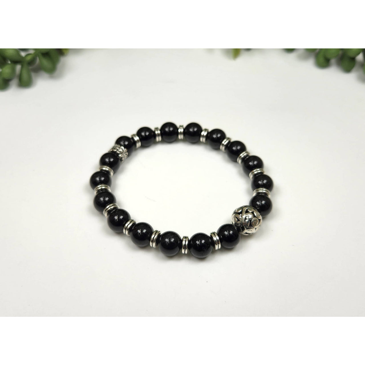 8mm Black Tourmaline Protection Bubble Bracelet with Silver Accents and Charm, 7.5’’ #LV9512