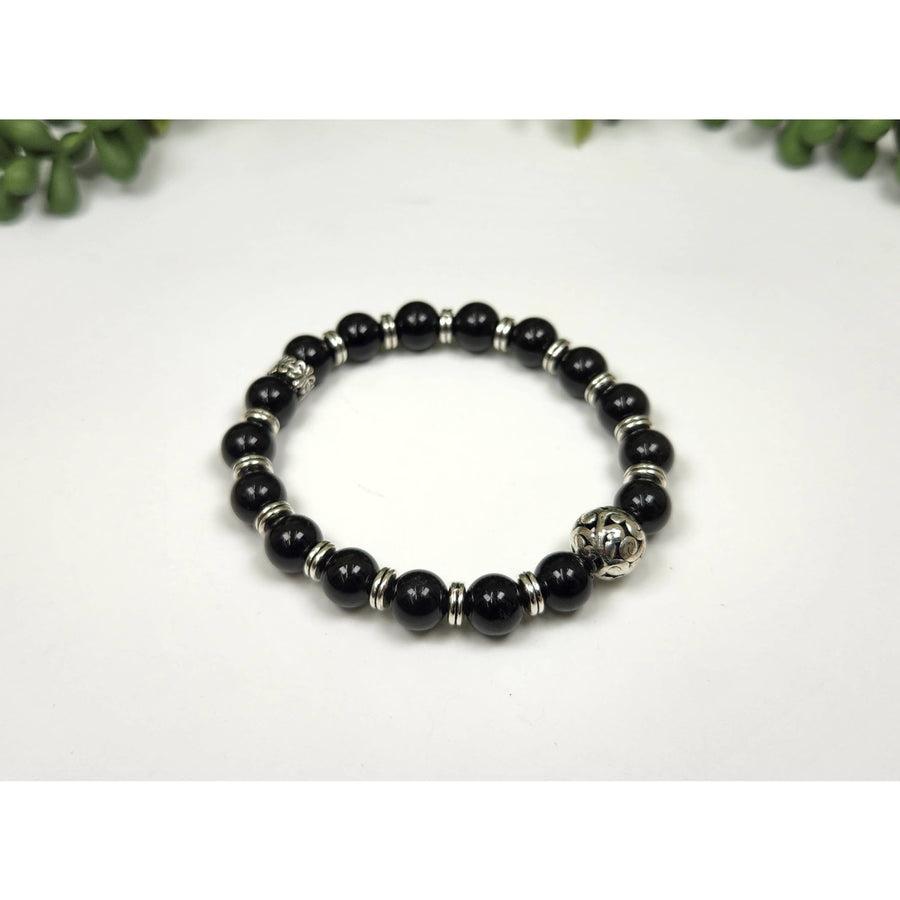 8mm Black Tourmaline Protection Bubble Bracelet with Silver Accents and Charm, 7.5’’ #LV9512