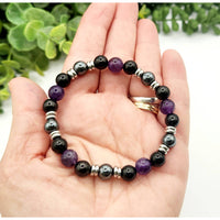 Handmade amethyst, black onyx, and shungite bracelet with silver accents, 8mm, 7.5