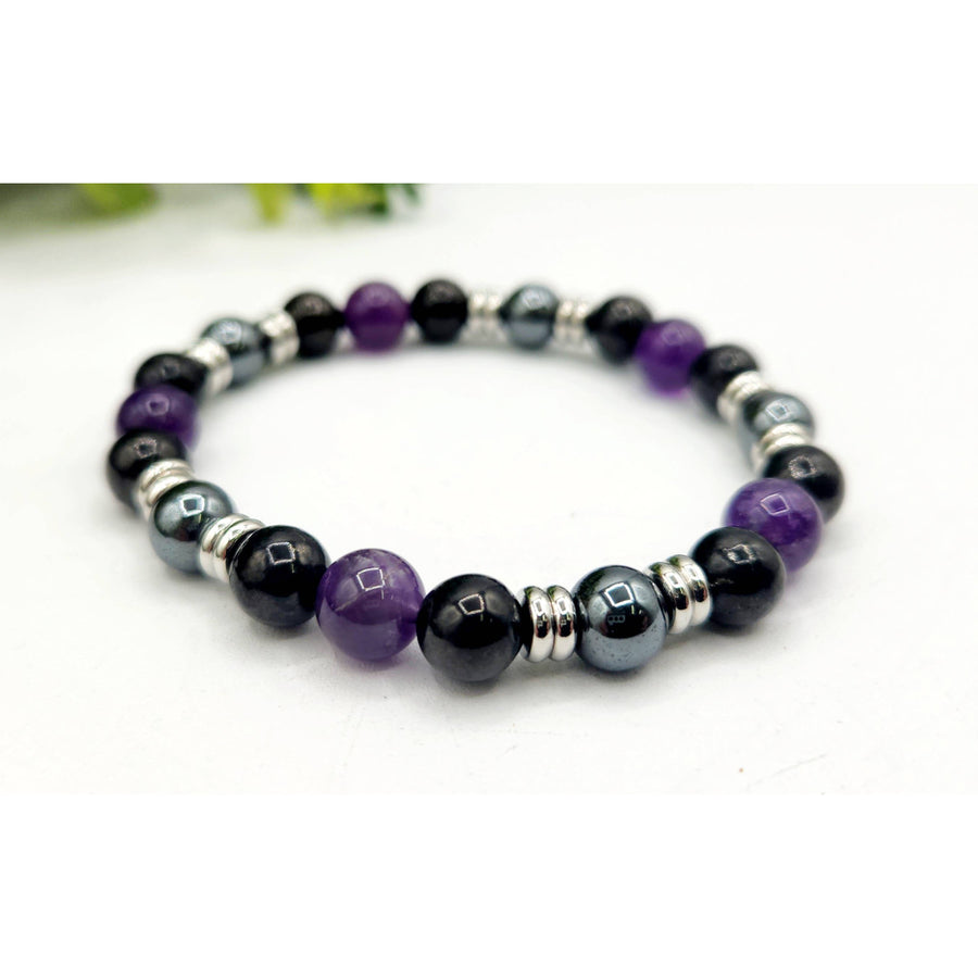 Purple and black beaded Protection bracelet with silver accents, 8mm-7.5’’ #LV9530