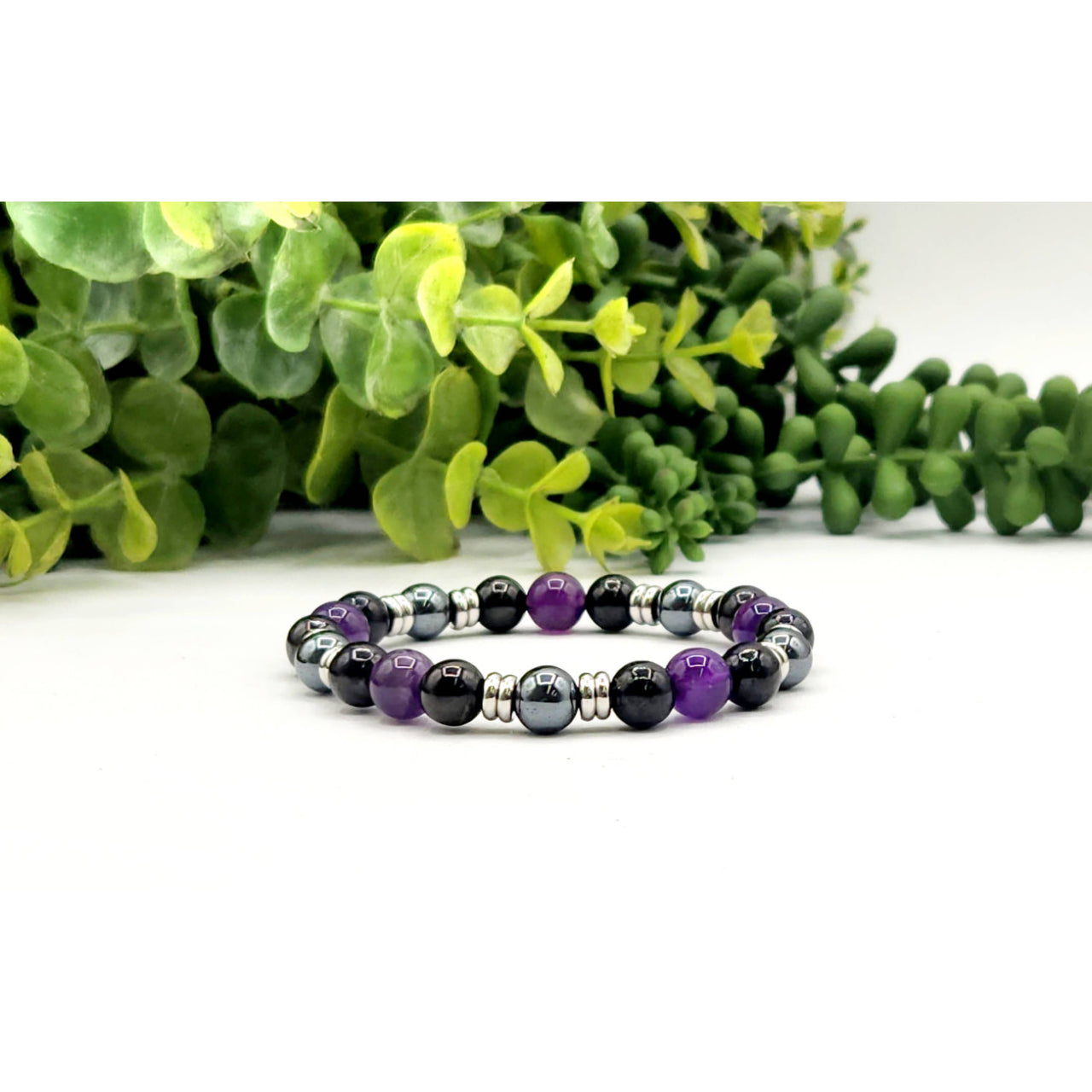 Protection Shungite Amethyst Hematite Bracelet Black Purple Beads Silver Accents 8mm 7.5