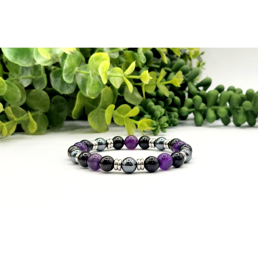 Protection Shungite Amethyst Hematite Bracelet Black Purple Beads Silver Accents 8mm 7.5
