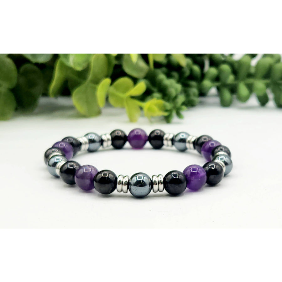 Purple and black beaded Protection bracelet with silver accents, 8mm 7.5 inch
