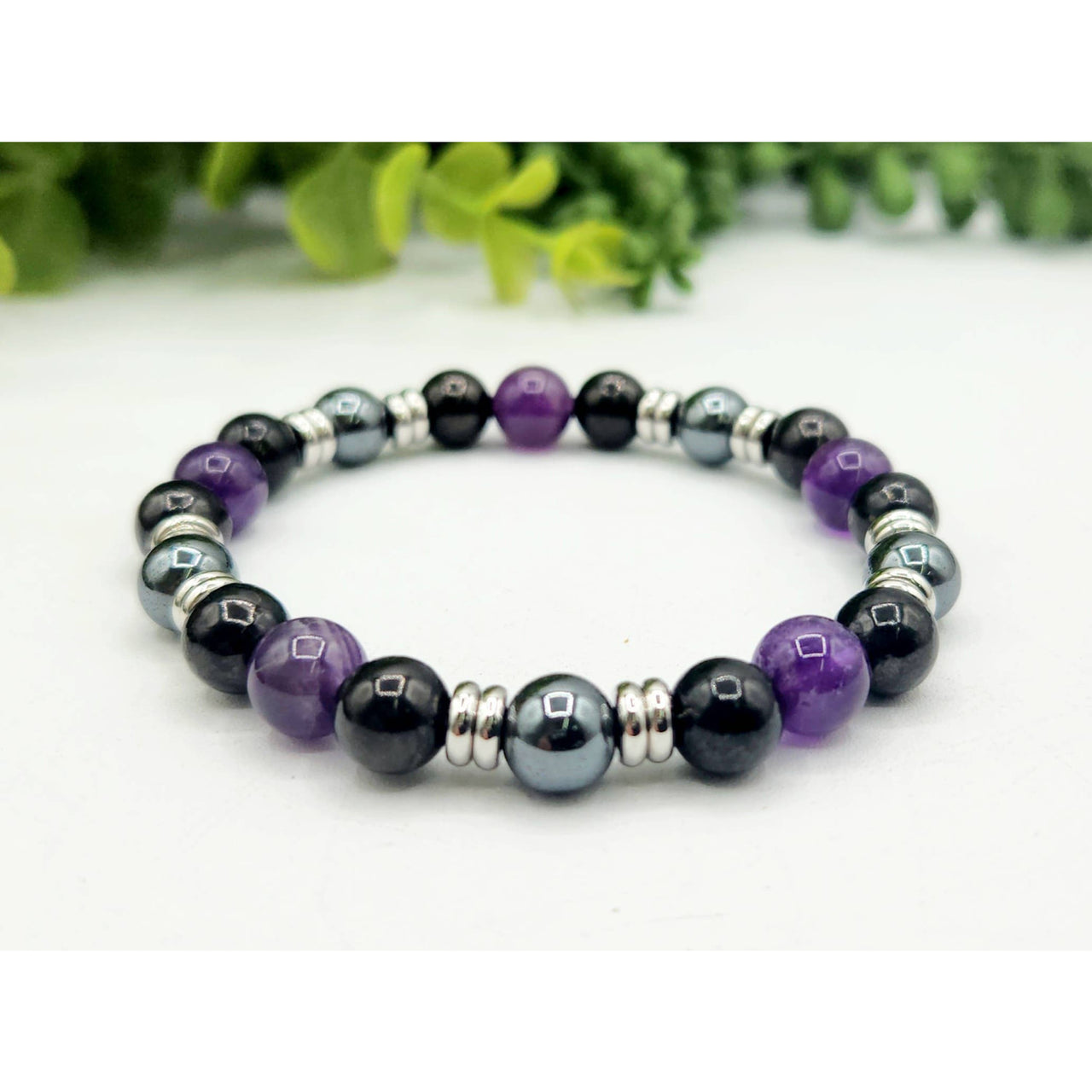 Purple and black beaded Protection bracelet with silver accents, 8mm-7.5