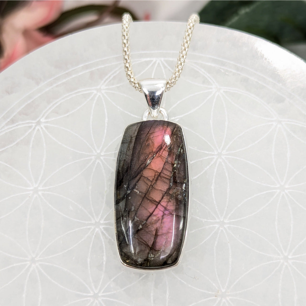 Silver chain with purple Labradorite gemstone pendant in product Purple Fire Labradorite Pendant