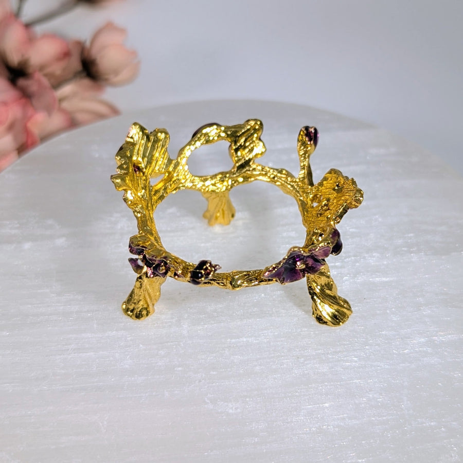 Golden leafy branch figurine with purple gems in Purple Flowers Gold holder