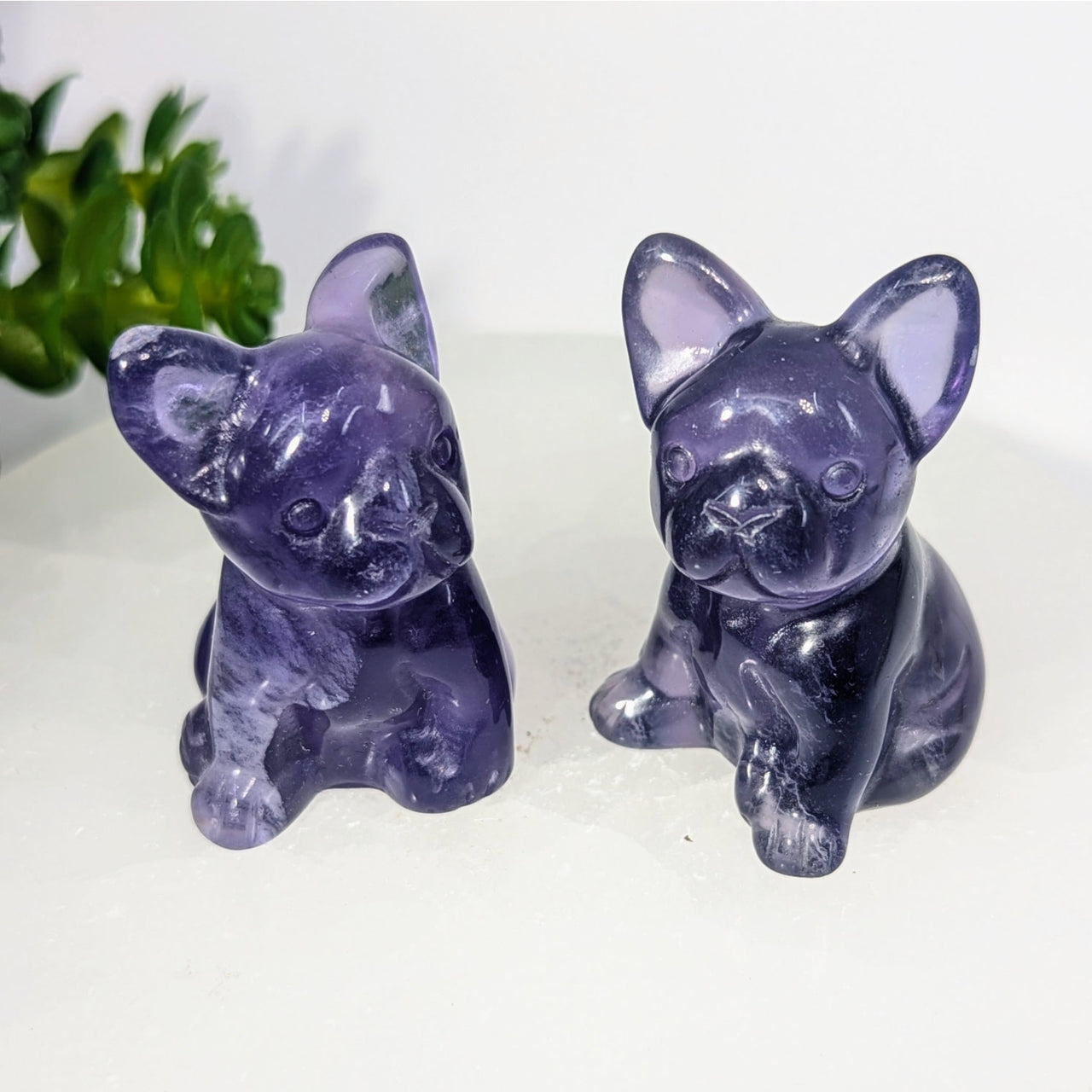 Two polished purple fluorite 2’’ French bulldog carvings #BC0317