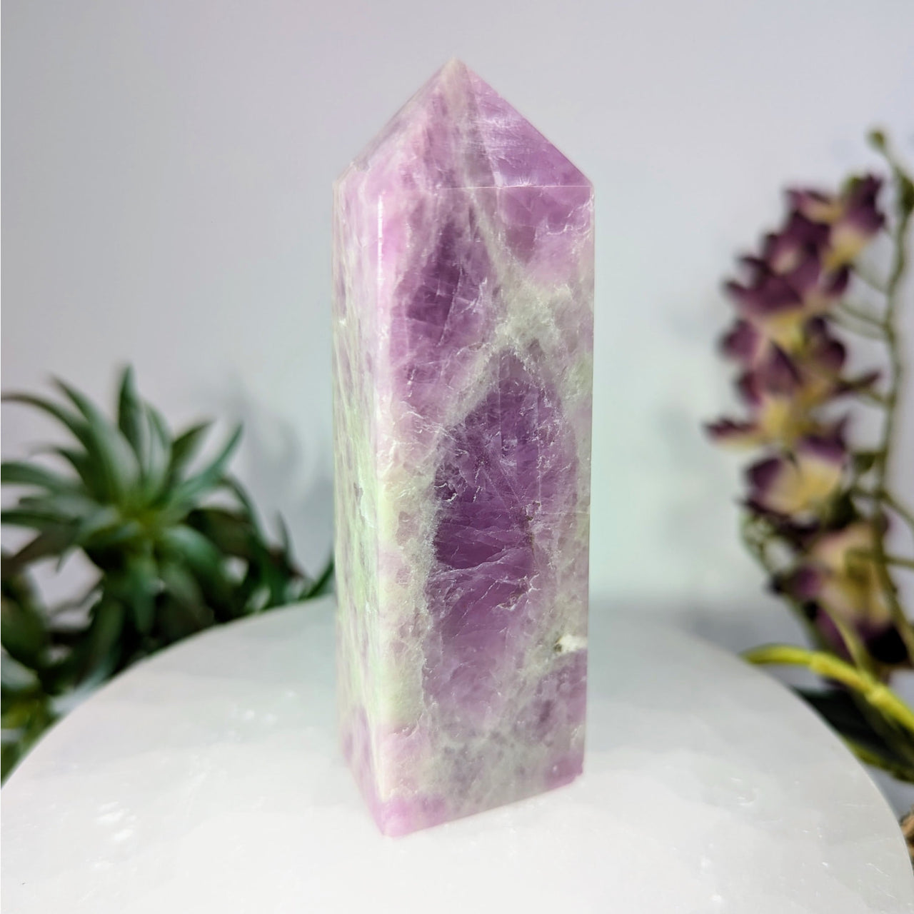 Polished purple crystal point from Purple Kunzite 3.8 inch Obelisk Tower #LV8614
