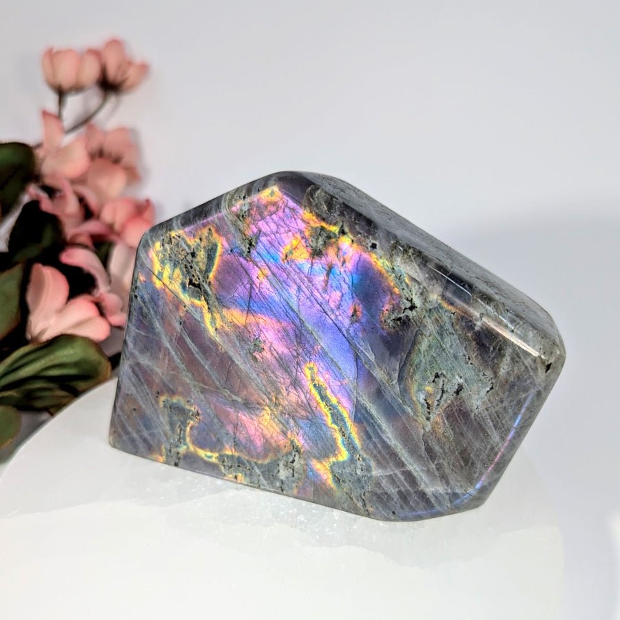Polished purple labradorite 4.5’’ freeform #BC0227 with iridescent colors