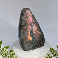 Purple labradorite freeform gemstone 4.5 inch with polished dark iridescent surface showing pink and gold hues for jewelry