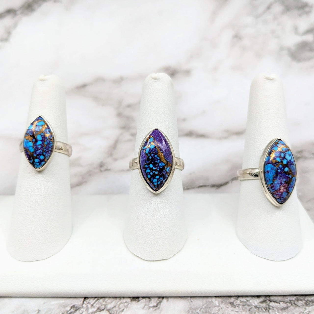 Purple Mojave Turquoise rings set with blue and purple drus, Size 6, 8, 9 Marquis S.S. #LV4605