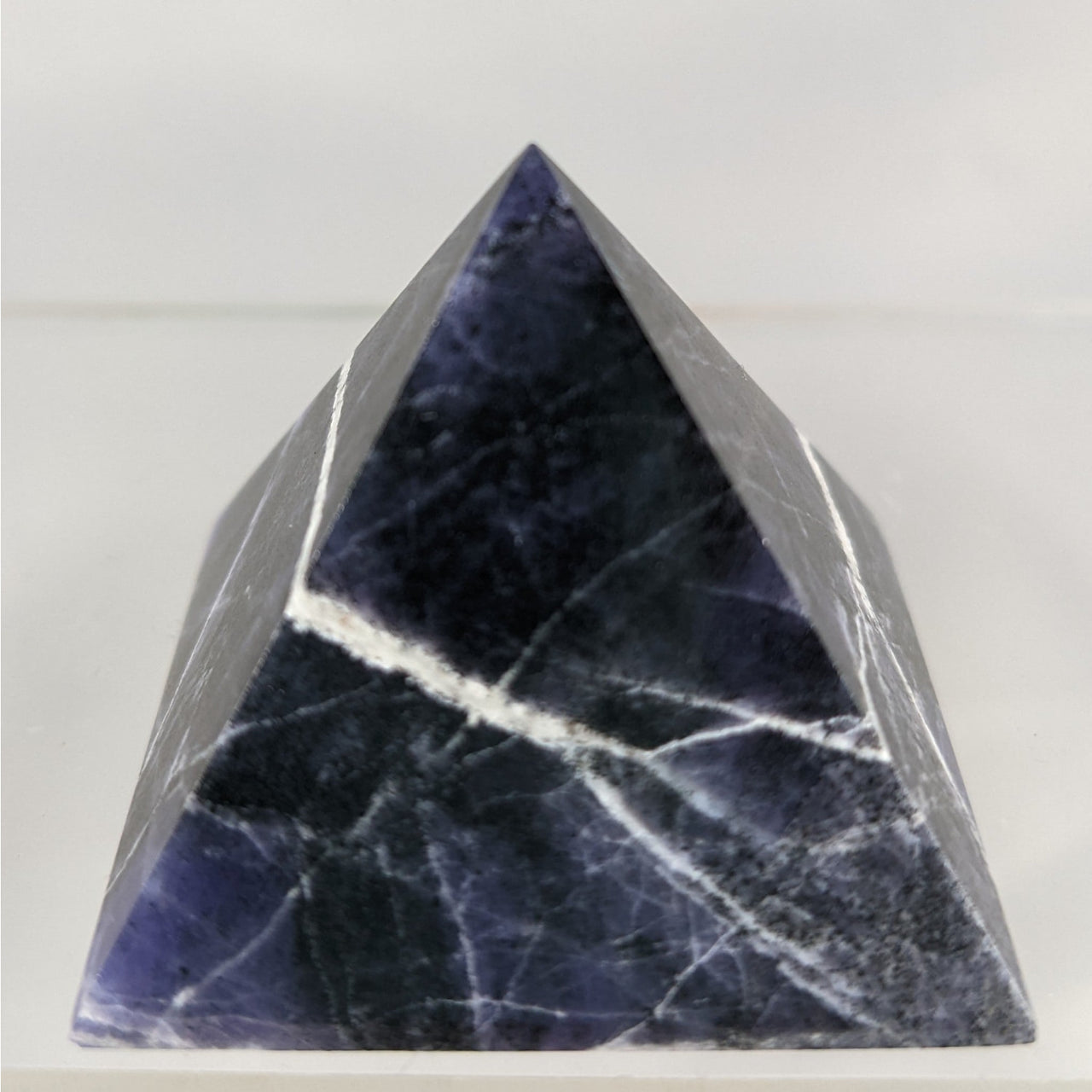 Dark blue pyramid-shaped crystal with white veining, Purple Opal Pyramid N065