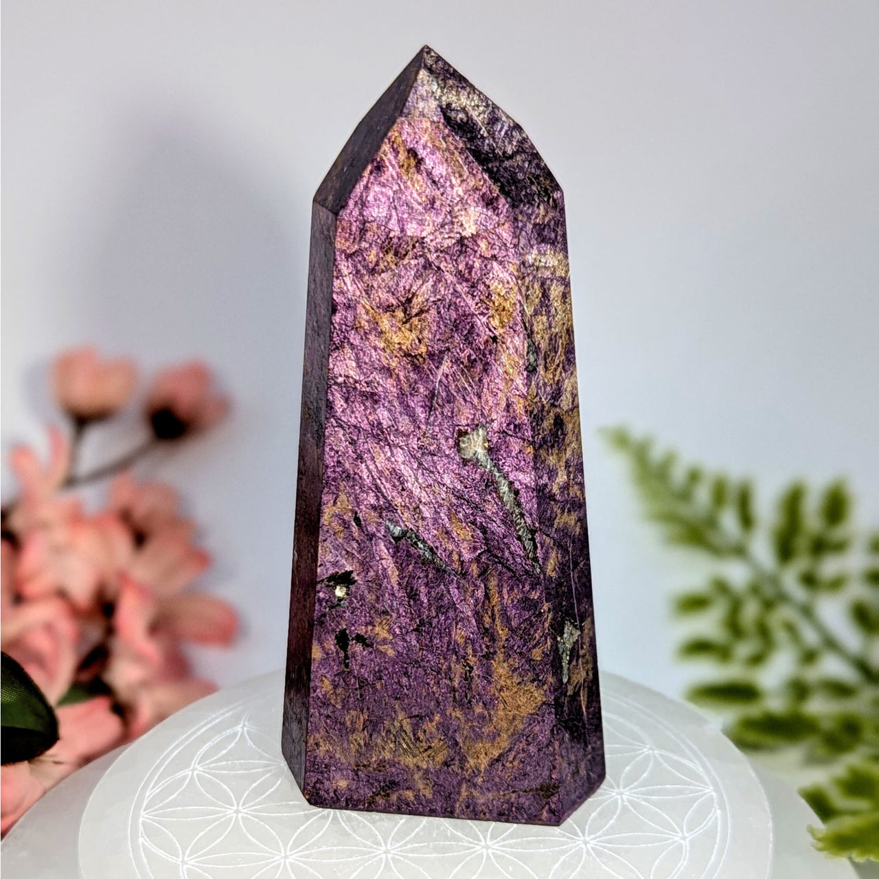 Polished purple gold-ringed rhodochrosite Purpurite 4’’ generator tower #BC0743