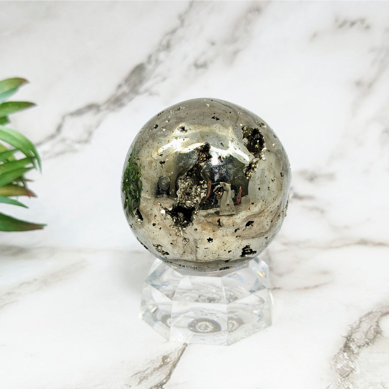 Silver Pyrite Sphere #LV5235 on Marble Table for Positive Energy Decor